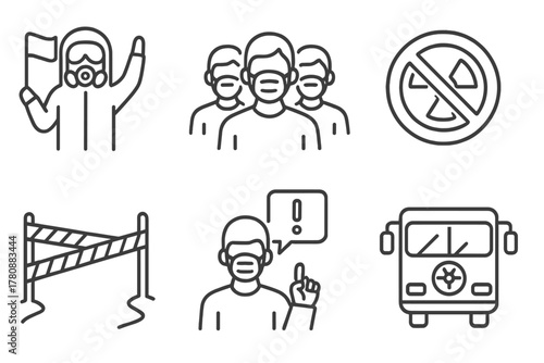 Guided Disaster Tour Icons. Line style icons of guided disaster tours: hazmat-suited tour guide, group with face masks, restricted