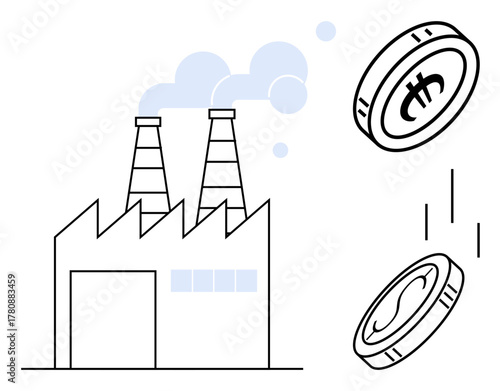 Factory with chimneys emitting fumes and nearby falling coins highlighting financial aspects of manufacturing. Ideal for economy, manufacturing, emissions, industrial growth, sustainability, trade