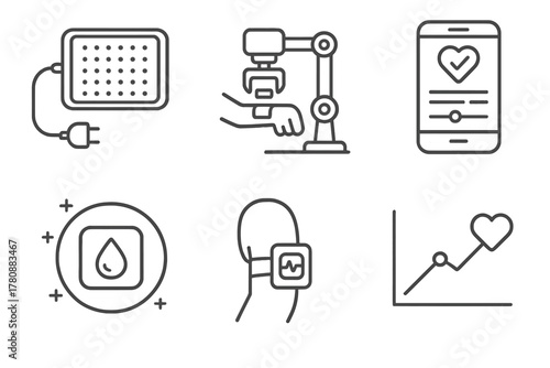 Tattoo Healing Tech Icons. Line style icons of tattoo healing tech: aftercare LED light pad, robotic bandage applicator, healing