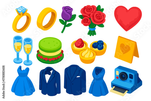 Elegant Celebration Icons. Isometric vector illustration set rings, flowers, heart, toast, cake, card, dress, camera: princess cut