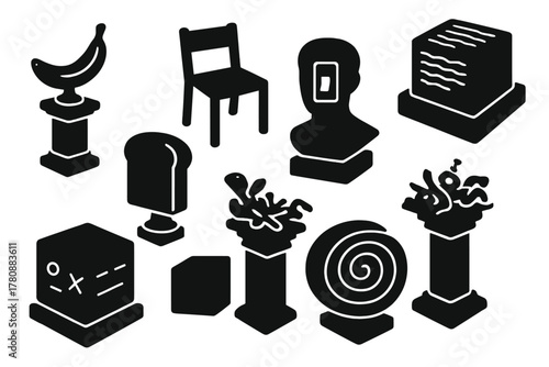 Absurdist Meme Icons. Solid style icons of absurdist meme installations: banana on pedestal, chair with no purpose, ultra-deep