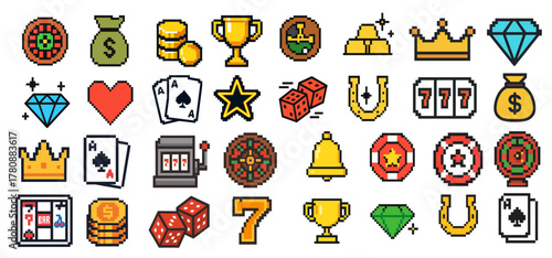 Pixel Art Casino Icons Set – Gambling, Slots, Dice, Poker, and Money Symbols