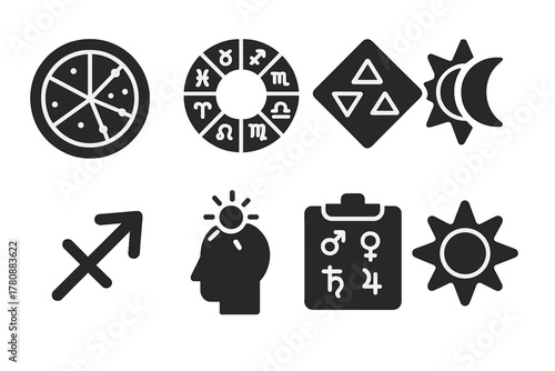Astrology Symbol Icons. Solid style icons of astrology and zodiac symbols: star chart glyph, zodiac ring icon, element badge.