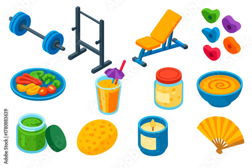 Healthy Lifestyle Icons. Isometric vector illustration set Healthy Lifestyle: barbell set, squat rack, incline bench, climbing