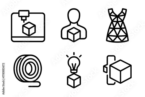 3D Fashion Icons. Line style icons of 3D fashion brands and logos: stylized printer logo, fashion-tech fusion symbol, meshwear
