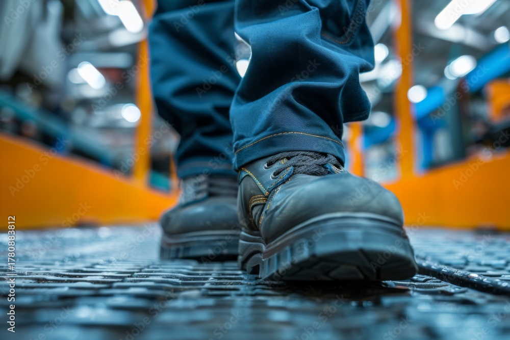 Obraz premium Close-up of work boots on industrial floor