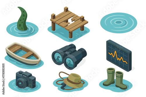 Urban Legends Illustrations. Isometric vector illustration set of Urban legends: lake monster fin, dock with broken planks, ripple