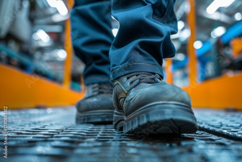 Close-up of work boots on industrial floor