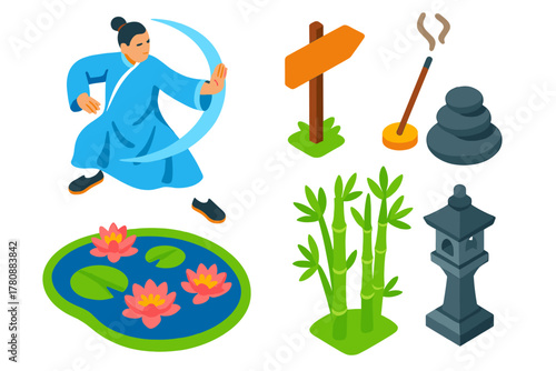 Park Activities Illustration. Isometric vector illustration set Park activities – Tai Chi practitioner, flowing robe, motion arc;