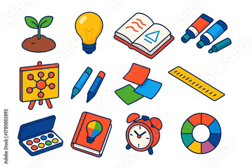 Creative Tools and Growth. Isometric vector illustration set growth and creativity: seedling in soil, bright light bulb, open