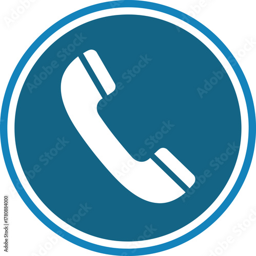 White telephone receiver icon isolated on blue circle background graphic design