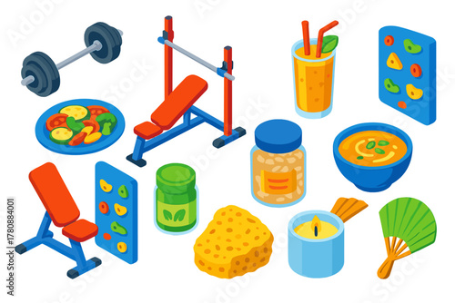 Healthy Lifestyle Icons. Isometric vector illustration set Healthy Lifestyle: barbell set, squat rack, incline bench, climbing