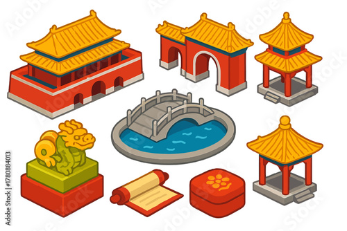 Historical Monument Icons. Isometric vector illustration set Historical monuments – Forbidden City gate, Meridian Gate arch,