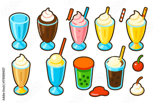 Sweet Treats Collection. Isometric vector illustration set sweet treats collection: milkshake glass, chocolate milkshake,