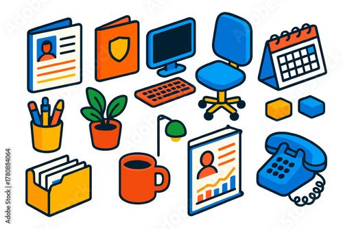 Business Essentials Icons. Isometric vector illustration set business and HR essentials: candidate portfolio, HR guidelines,