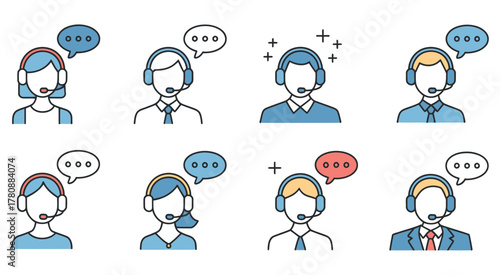 Customer support representatives vector illustration  of male and female call center agents with headsets and speech bubbles in varied styles