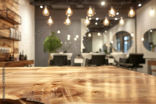 Stylish salon interior with wooden table and lighting