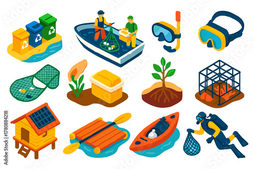Greener Future Icons. Isometric vector illustration set recycling, sustainability, and minimalist design for a greener future: