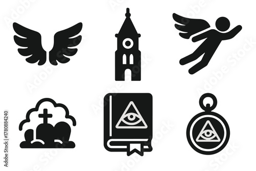 Cryptid Icon Collection. Line style icons of Cryptid Research: Owlman wings, church tower, flying humanoid, graveyard fog, ancient