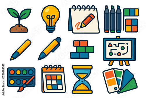 Creative Growth Icons. Isometric vector illustration set growth and creativity: sprout plant, creative idea bulb, drawing notebook