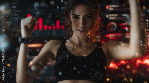 Fitness Woman Celebrating Workout Success with Digital Biometric Data Overlay