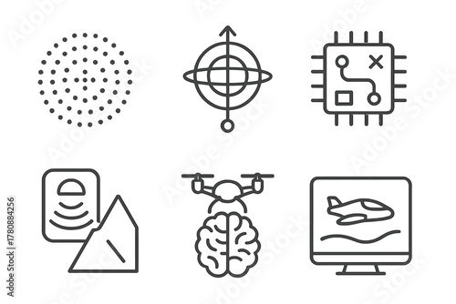 Flying Taxi Components Icons. Line style icons of autonomous flying taxi components: radar sensor dot grid, gyroscope axis icon,