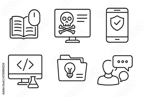 Ethical Hacking Iconography. Line style icons of continuous learning in ethical hacking: blog reading icon, threat feed screen,