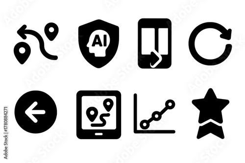 Training App Icons. Solid style icons of training apps and challenges: reverse path tracker icon, AI coach badge, backward