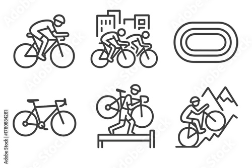 Bicycle Race Icons. Line style icons of bicycle competitions: time trial cyclist, criterium race, velodrome icon, cyclocross bike,