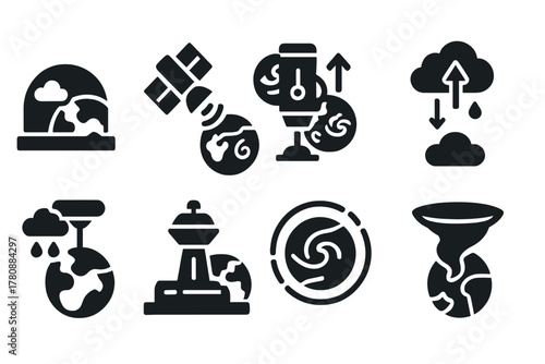 Futuristic Climate Control Icons. Solid style icons of futuristic planetary climate control: dome climate systems, storm