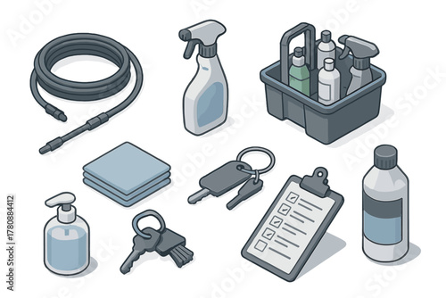 Isometric Cleaning Supplies. Isometric vector illustration set of Cleaning Services: pipe cleaning hose, surface sanitizer spray,