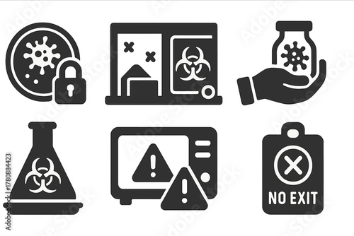 Zombie Cell Containment Icons. Solid style icons of zombie cell containment: locked petri dish icon, quarantine lab room,