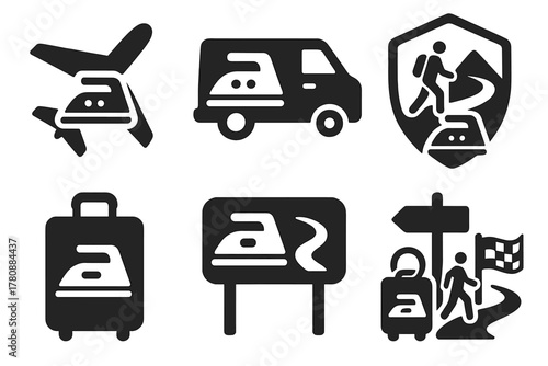 Travel Icons for Ironing. Solid style icons of transport and travel for ironing: plane with ironing gear, van press kit icon,