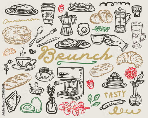 Brunch menu - vector hand drawn whimsical illustrations set