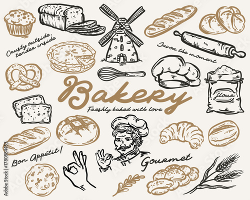 Bakery whimsical hand-drawn vector illustration  set
