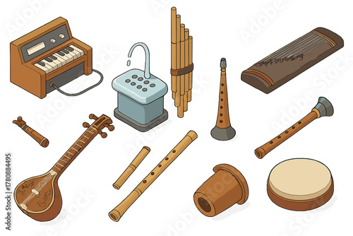 Rare Musical Instruments. Isometric vector illustration set of Rare musical instruments: ondes Martenot, khene pipes, guqin zither
