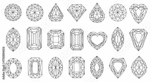 A comprehensive set of various diamond and gemstone cutting shapes, presented as a linear vector illustration