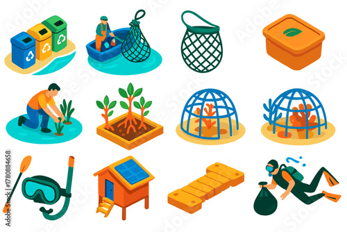 Greener Future Icons. Isometric vector illustration set recycling, sustainability, and minimalist design for a greener future: