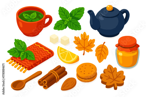 Autumn Tea Essentials. Isometric vector illustration set autumn drinks and tea: peppermint tea cup, fresh mint leaves, sugar cubes