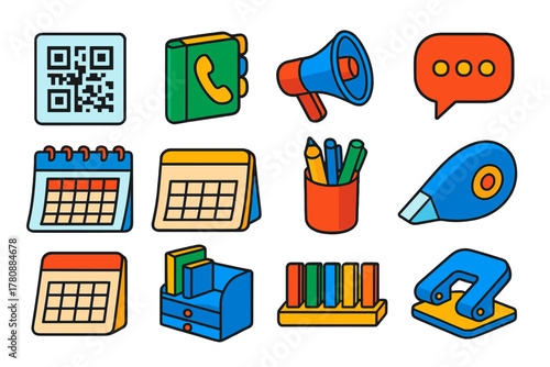 Bold Office Essentials. Isometric vector illustration set communication and organization: QR code icon, phone book, speakerphone,