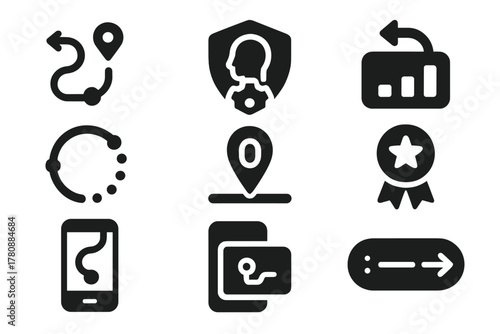 Training App Icons. Solid style icons of training apps and challenges: reverse path tracker icon, AI coach badge, backward