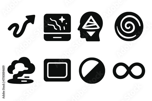 Reality Distortion Icons. Solid style icons of reality distortion devices: truth bend glyph, illusion generator icon, hologram