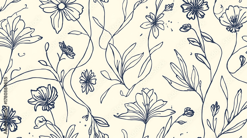 Naklejka premium seamless floral pattern with flowers - Modern Abstract Botanical Line Art Hand Drawn Seamless Pattern Minimalist Floral