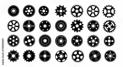 A collection of black gear and cogwheel icons for mechanical and industrial design vector illustration
