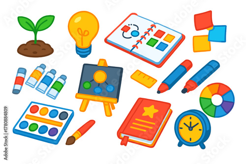 Creative Tools and Growth. Isometric vector illustration set growth and creativity: seedling in soil, bright light bulb, open