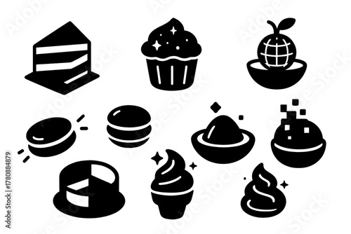 Futuristic Dessert Icons. Solid style icons of futuristic desserts: layered prism cake, translucent cupcake, 3D fruit projection.