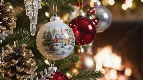 Christmas tree decorations with festive ornaments