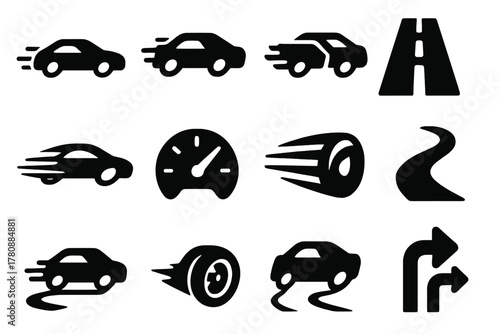 Speed Icons Collection. Solid style icons of Speed and transport themes: fast ride, acceleration, overtaking, highway cruising,