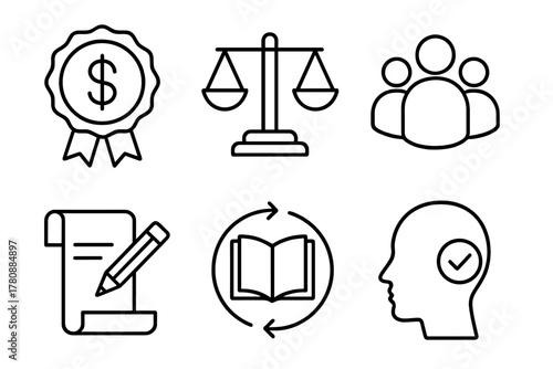 OER Benefits Icons. Line style icons of benefits of OER: cost-saving badge, equitable access scale, inclusive learning icon,