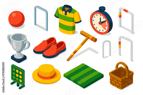 Croquet Essentials Icons. Isometric vector illustration set ball, goalpost, jersey, timer, trophy, shoes: croquet ball, croquet
